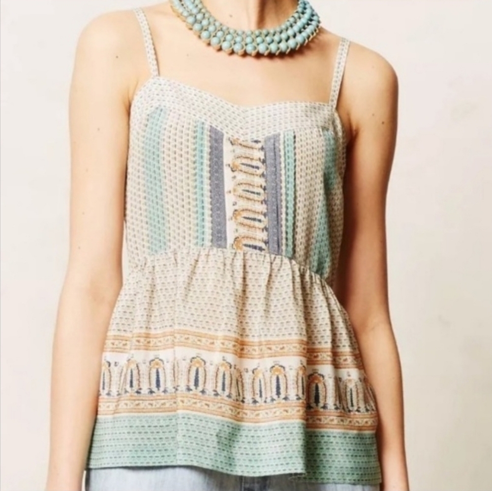 Anthropologie Vanessa Virginia Silk Printed Boho Peplum Waist Top - Size 8